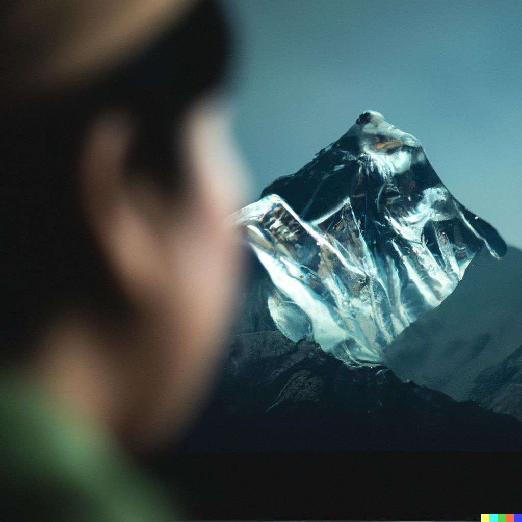 someone gazing at Mount Everest, photograph taken with a macro lens, 50mm